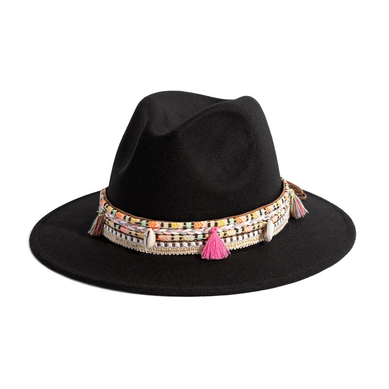 Gossifan Women's Felt Fedora Hat Wide Brim Panama Hats with Tassel-Black - Image 1